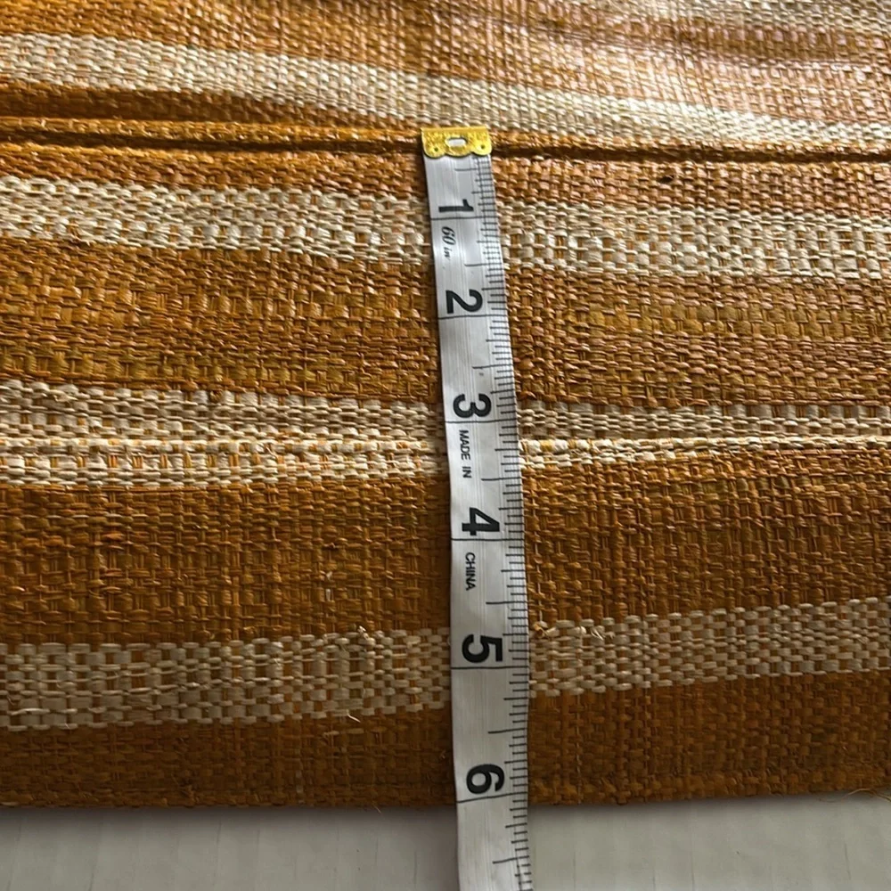 Striped Cream and Golden Orange Women's Woven Straw Bag with Tassel Design